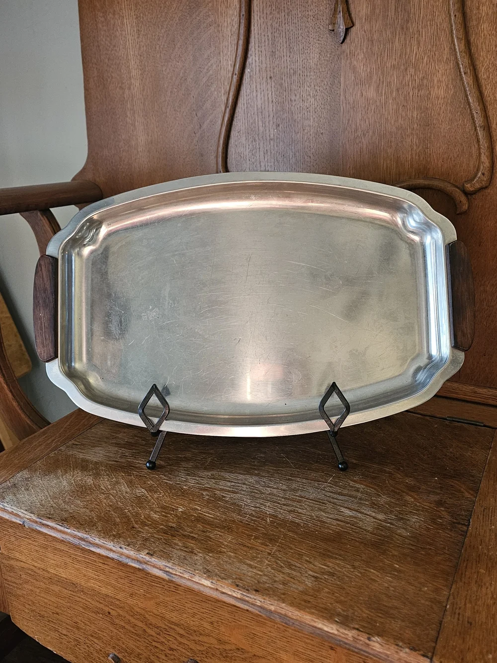 Vintage Danish Style Pewter Serving Tray with Teak Handles | Mid Century Modern